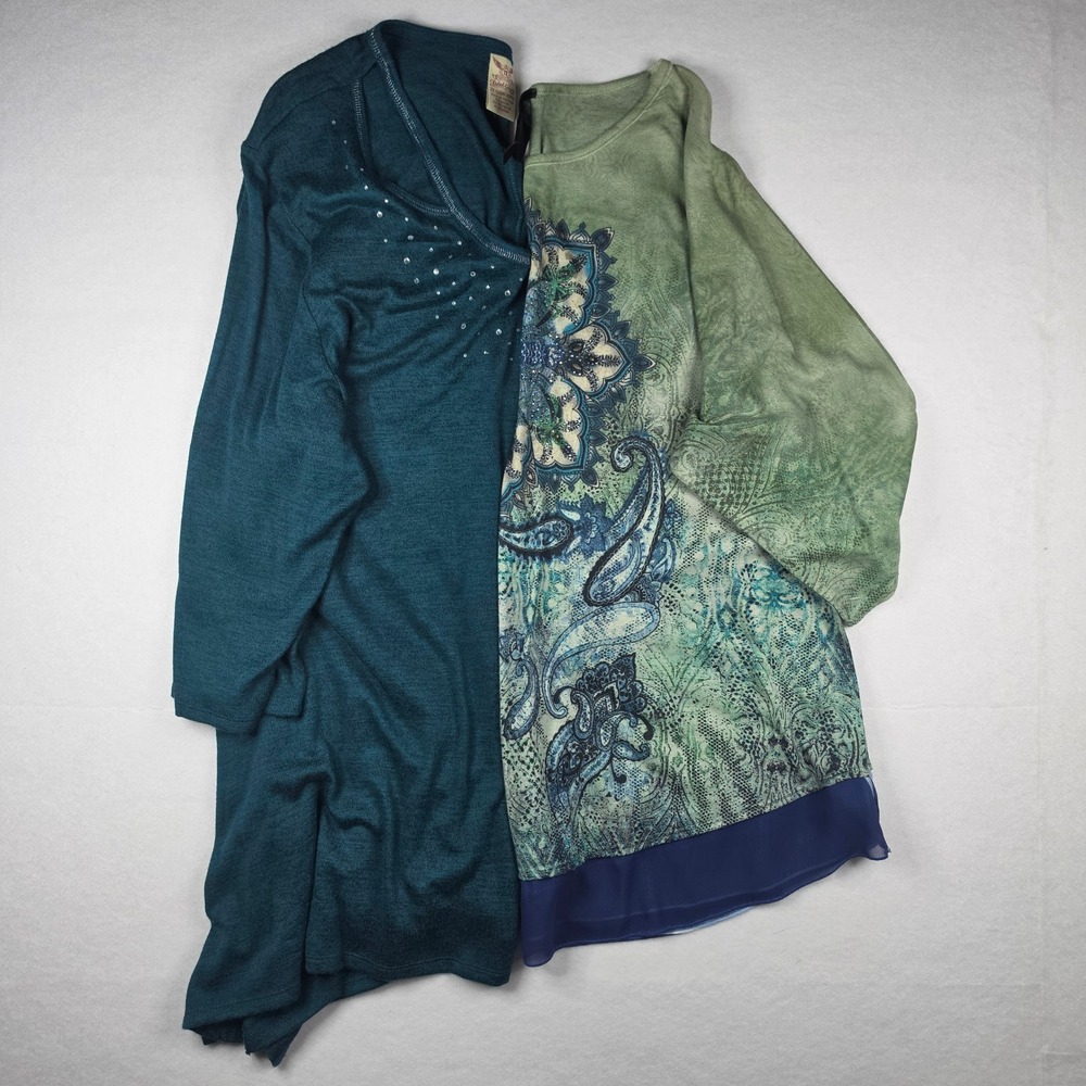 Faded Glory & French Blue‎ Tops 2X Teal Rhinestone Paisley Bundle